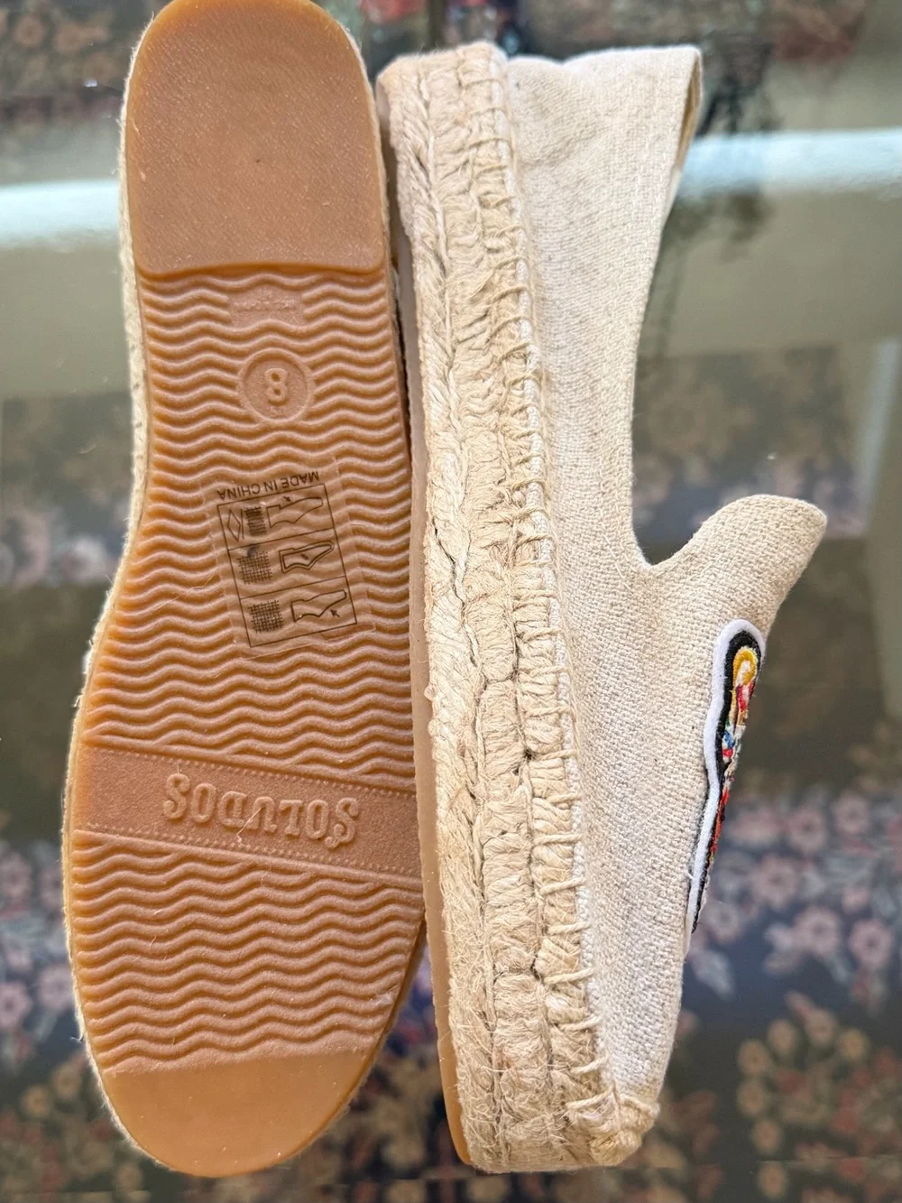 Soludos Beige Espadrilles with Multicolor Embroidered French Bulldog Patch